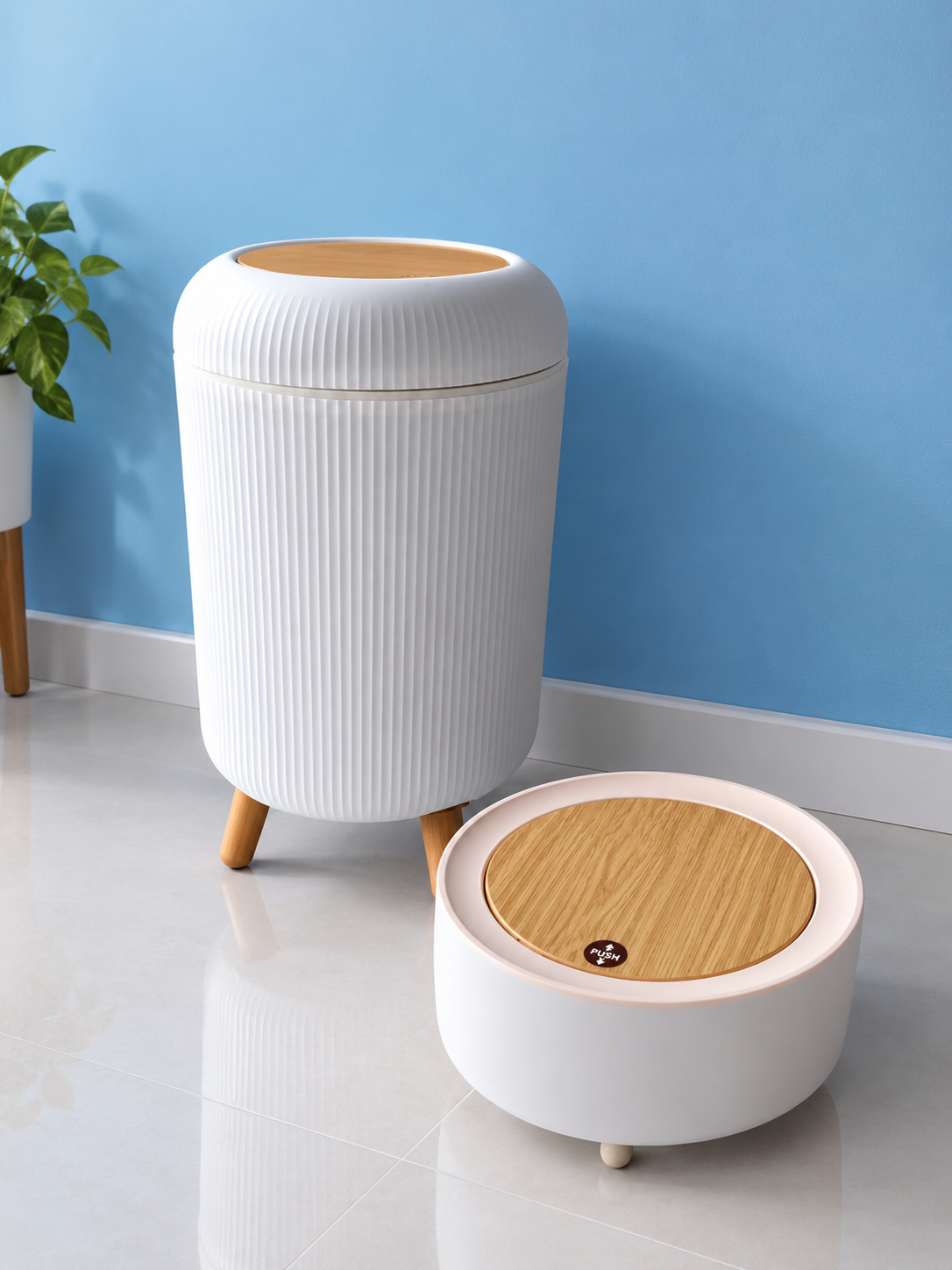 Aesthetic Ribbed Dustbin with Wooden Legs & Push Lid